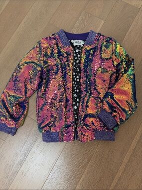 Lola + The Boys Magic Mermaid Sequin Bomber Jacket with Purple Trim